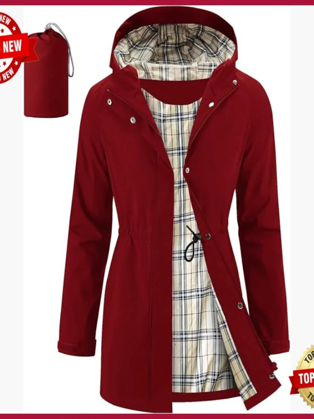 Women's Packable Waterproof Raincoat Hooded Trench Coat Lightweight Outdoor